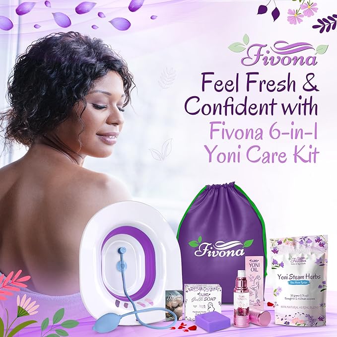 FIVONA Yoni Care Kit 6 in 1 - pH Balanced Natural Yoni Oil Herbal Soap Bar for Feminine Wash Detox V Steam Herbs Blue Moon Foldable Sitz Bath Steam Pot Hand Flusher and Drawstring Storage Bag