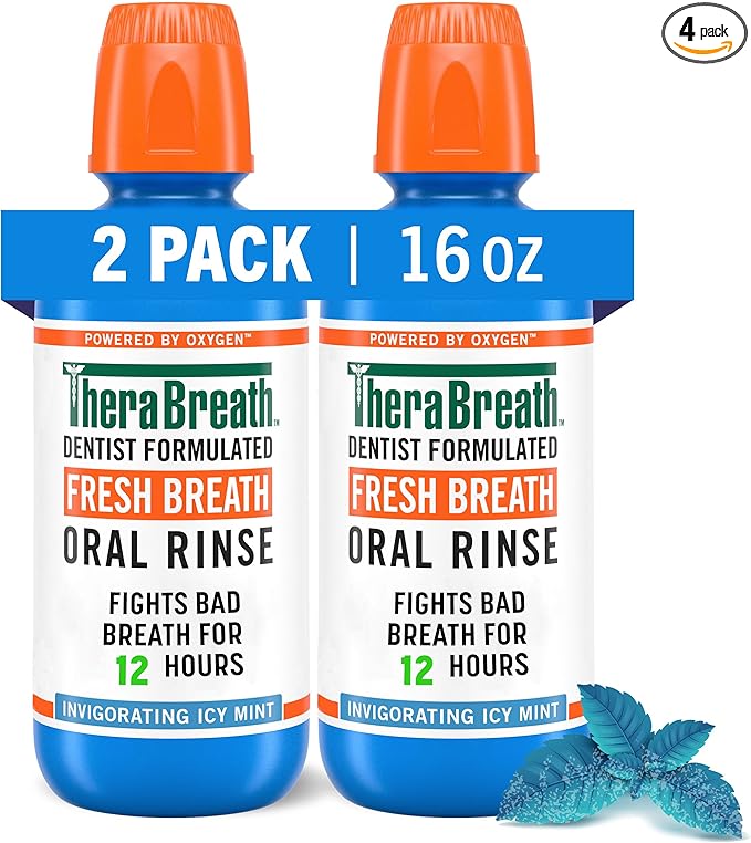 TheraBreath Fresh Breath Mouthwash 2-Packs Rainforest Mint &amp ICY Mint Flavors Alcohol-Free 16 Fl Oz
