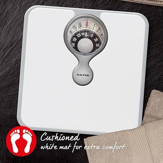Salter 484 WHDR Mechanical Bathroom Scale – Premium Body Weight Scale Personal Analogue Scale Large Magnifying Lens 133 KG Max Capacity Monochrome Design No Batteries Required White