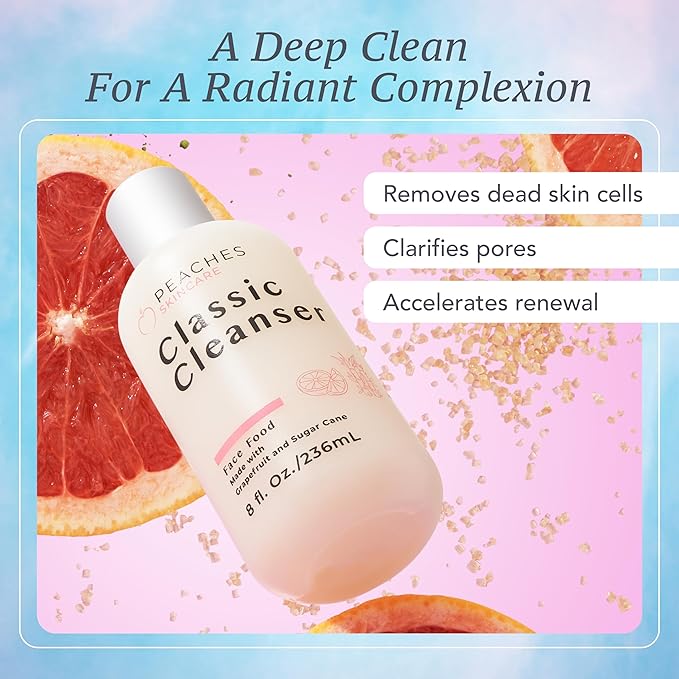 Peaches Skincare Hydrating Facial Cleanser – Vegan Face Wash with Grapefruit Sugar Cane and Gotu Kola – Lightly Exfoliating Daily Formula for All Skin Types – Classic Cleanser – 8 oz