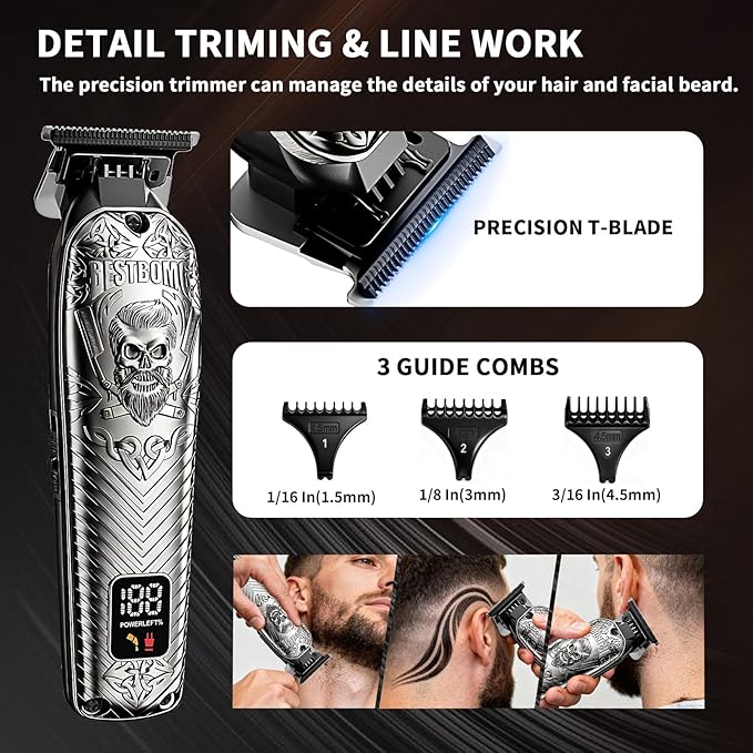 BESTBOMG Professional Cordless Mens Hair Clippers &amp Beard Trimmer Kits &amp SetsMetal Hair Clippers Cutting Grooming Kit with Long Battery Life for Family Barber Use (Gray)