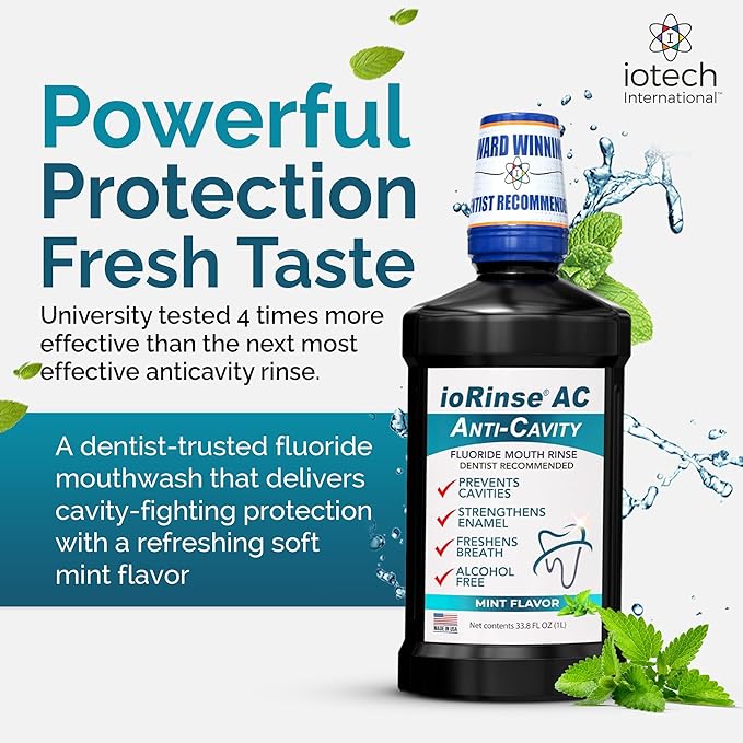 ioRinse AC Anticavity Fluoride Mouthwash - Alcohol-Free Molecular Iodine Mouth Wash Fights Tooth Decay &amp Protects Enamel - Safe Mint Rinse for Sensitive Mouths - Potent Bad Breath Protection