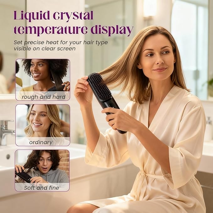 2026 New Cordless Hair Straightening Brush with LCD Display Fast Heating Portable Hair Straightener USB-C Charging for Travel Home (Purple)