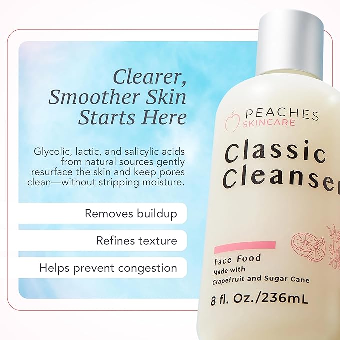 Peaches Skincare Hydrating Facial Cleanser – Vegan Face Wash with Grapefruit Sugar Cane and Gotu Kola – Lightly Exfoliating Daily Formula for All Skin Types – Classic Cleanser – 8 oz