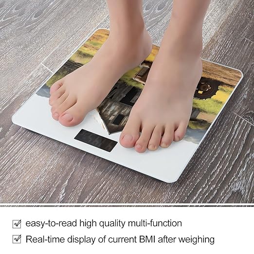 Old Wooden Barn with Rusted Tractor Weight ScaleClear LED Display Bathroom Digital Weighing ScaleTempered Glass Digital Bathroom Scale for Body Weight Capacity Up to 400 Lbs