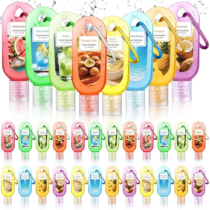 24 Pack Summer Scented Hand Sanitizers Keychain Gift Mini Travel Size Hand Sanitizer Gel Bulk 1 oz Sanitizer Keychain Gift Set Summer Graduation Party Favors Goodie Bag