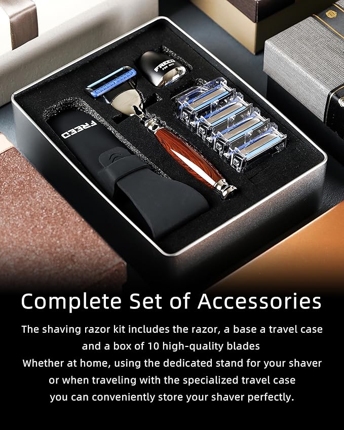 FREED Customized gifts Engraving Shaving Kit - Safety Razor with metal handle include razor base razor travel case and 5 Razor Blade Refillsit's the best gift for men (Purple-Brown)