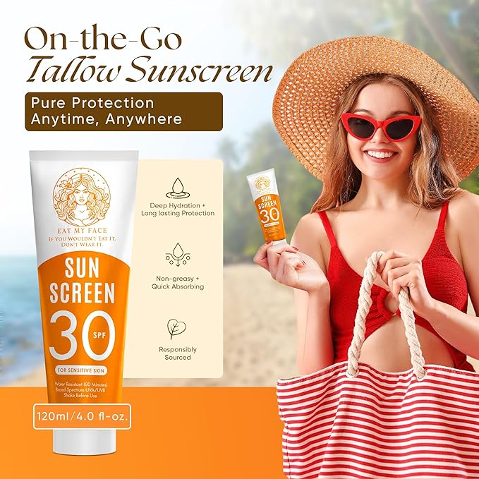 Eat My Face Tinted Beef Tallow Sunscreen SPF 30 – No White Cast Natural Glow | Reef Safe Mineral Zinc Oxide | Water Resistant Sun Protection for Face &amp Body 4 oz