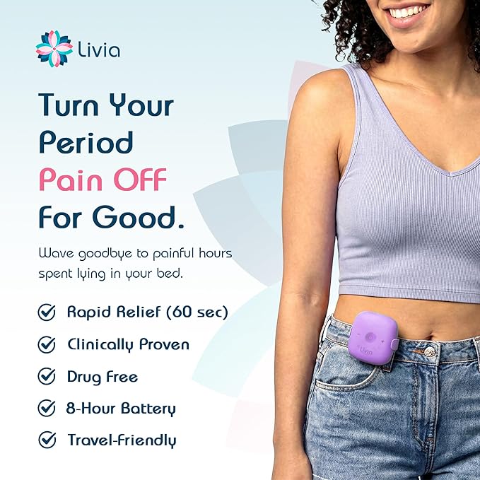Livia Menstrual Pain Relief Device Lavender – Off-Switch for Period Pain – Portable &amp Discreet – Rechargeable Up to 8 Hours Battery – Complete Kit with Stick-On Pads – The Go-to Travel Partner
