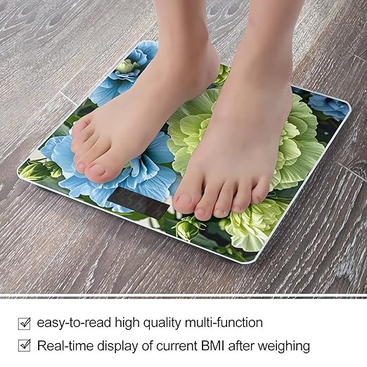 Green and Blue Hibiscus Flowers Scale for Body Weight Highly Accurate Digital Bathroom Body Scale Digital Bathroom Scales for People Anti-Slip Large LCD Display Smart Scales