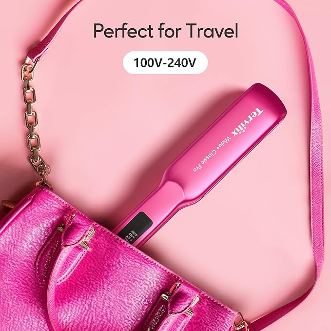 Terviiix Ceramic Hair Straightener 1-1/2 Inch Wide Flat Iron for Hair Professional Straightening Irons with Adjustable Temp 30s Instant Heating Get Silky Smooth Hair Dual Voltage Auto Off Pink