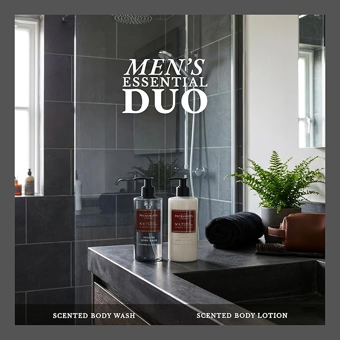 Pecksniffs Mens Bathing Duo Collection – Bourbon &amp Mandarin Scented Body Wash and Body Lotion Gift Set 2 x 250ml