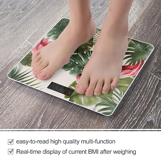Flamingo Palm Trees Leaf Scale for Body Weight High Precision Digital Weight Scales with LCD Display Anti-Slip Sturdy Slim Tempered Glass Bathroom Scale for Home Use