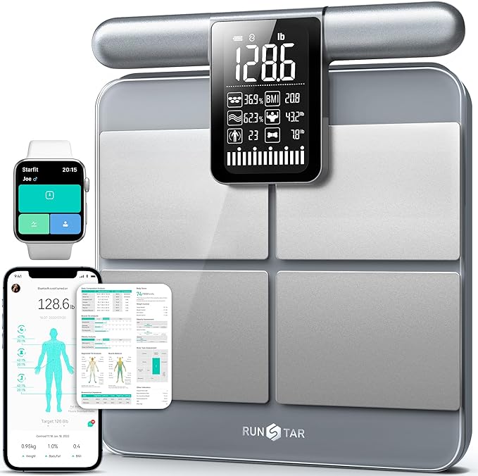RunStar Scale for Body Weight and Fat Percentage 8-Electrodes Precision Digital Smart Scale for BMI 28 Body Composition Measurement Silver Bathroom Smart Scales with Large Display