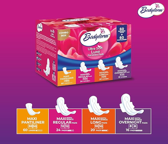 Bodyform Luxe Feminine Care Value Combo Pack 120 Count (60 Ultra-Soft Pads + 60 Gentle Pantyliners) Variety Pack Cushion-Soft &amp Ultra-Absorbent Daily Freshness &amp Protection