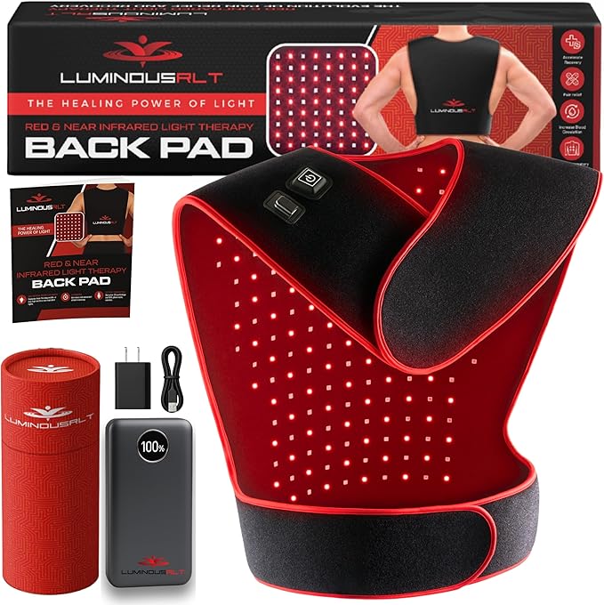 LuminousRLT Red Light Back Pad – Flexible LED Light Device with Red &amp Near-Infrared LEDs (660nm &amp 850nm) 204 LEDs Auto Shut-Off Adjustable Fit