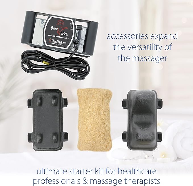 Core Products Jeanie Rub Massager Deluxe Package - Variable Speed Electric Massager for Deep Tissue Pain Relief Full Body Massage Back &amp Shoulder Massager w Fleece Pad Cover &amp Trigger Point