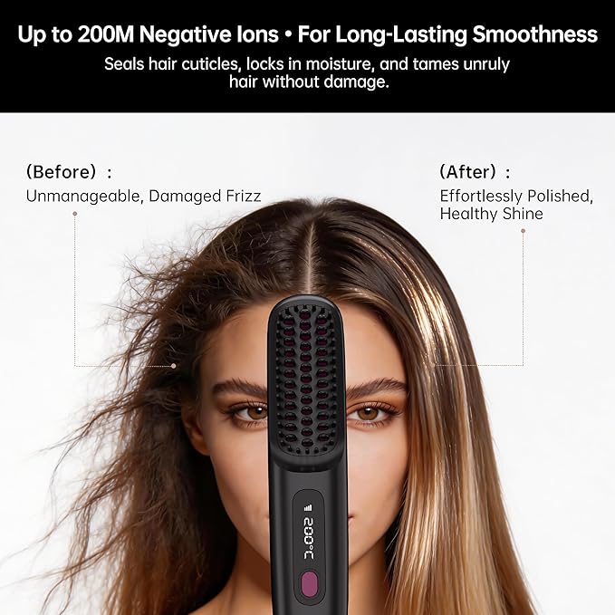 GERY Wireless Hair Straightener Brush Cordless Negative Ion 3 Temp Settings (160℃/180℃/200℃) MCH Fast Heating 4X Longer Battery LED Display Portable for Travel &amp Home (Black)