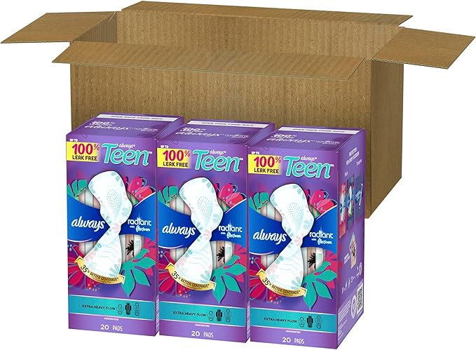 Always Radiant Teen Pads Size 3 Extra Heavy with Wings Unscented60 Count (Pack of 2)