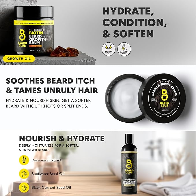 The Beard Club Ultimate Beard Growth Kit - Derma Roller Growth Oil Vitamins Vitamin Spray Biotin Balm Conditioner Cream Balms Shampoo Razor Scissors Combs Brush Cleansing Spray - Gift Set