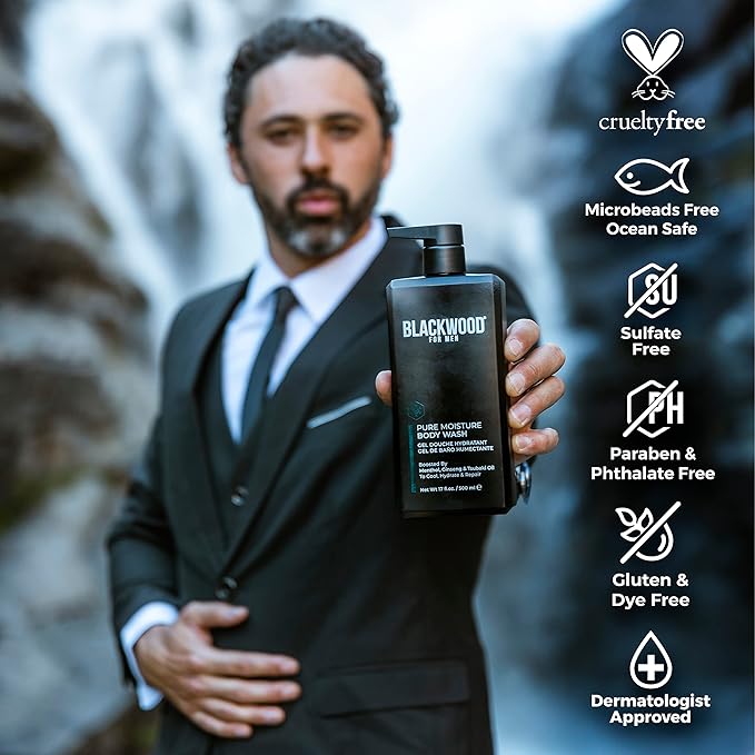 Blackwood For Men Body (17 oz) &amp Face Wash (7.41 oz) Bundle - for Sensitive Skin Workout Recovery Deep Cleansing Acne - Infused with Ginseng Menthol Charcoal &amp Clay - Sulfate Free Parabe