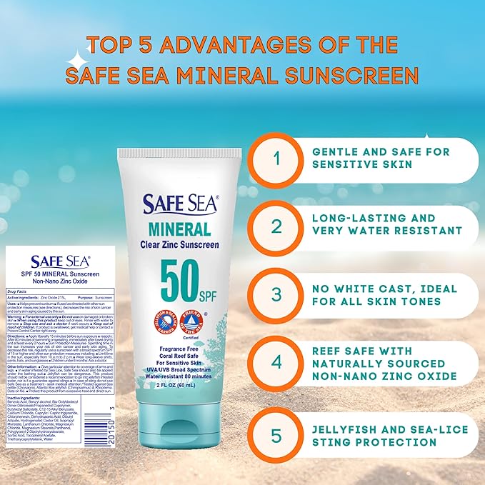 Safe Sea Zinc Oxide Sunscreen SPF50 | Clear Mineral Face Sunscreen Without White Cast | Anti-Jellyfish Sting Protective Lotion | Coral Reef Safe | Travel Size - 2Oz (60ml) Pack of 3