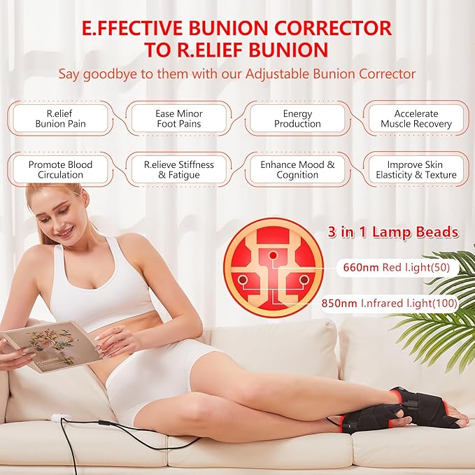 JOBYNA 2PCS in.frared L.Ight T.herapy Bunion Corrector for Women &amp Men 660nm Red L.Ight &amp 850nm I.nfrared L.Ight Big Toe Straightener for Bunion P.a.i.n R.e.l.i.e.f Adjustable Temperature &a