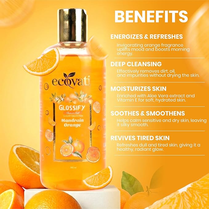 Glossify Mandarin Orange Luxury Shower Gel Deep Cleansing Formula with Aloe Vera and Vitamin E 300ml