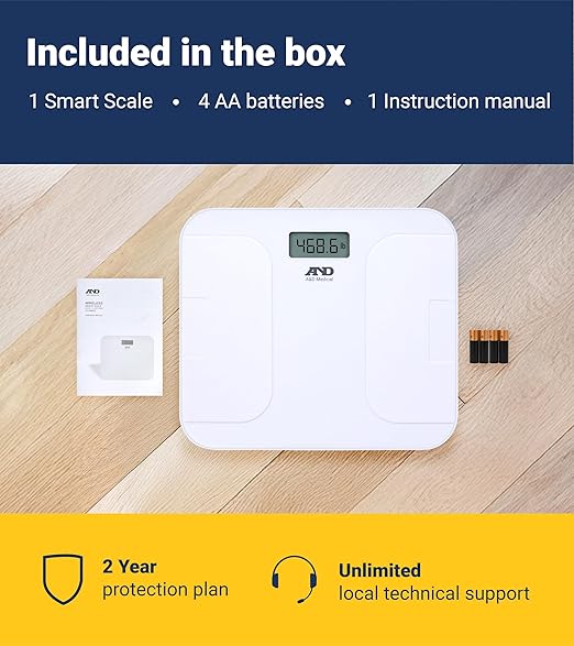 A&ampD Medical Digital Body Weight Scale UC-356BLE Bluetooth Bathroom Weight Machine UltraWide Platform and Large Display Syncs with A&ampD App550lb (249kg) Batteries Included White