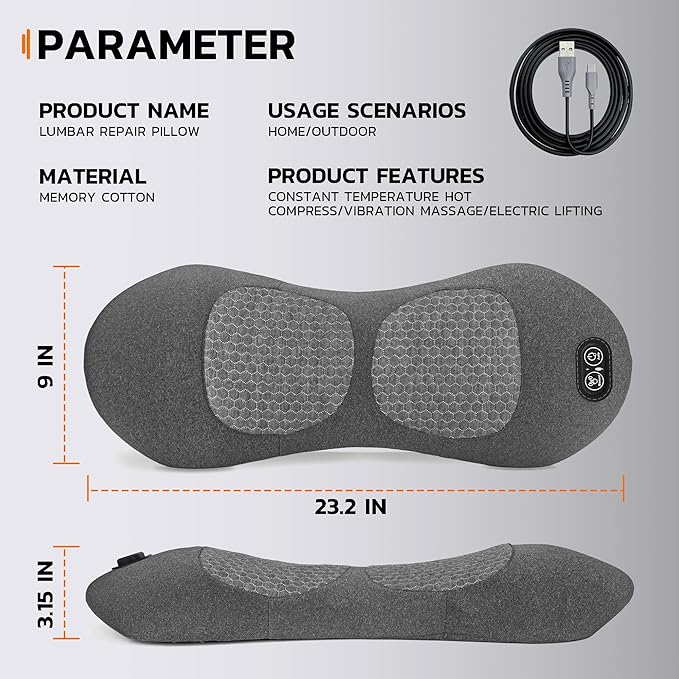 3-in-1 Electric Back Massager Pillow Rechargeable Lumbar Support Cushion with Heat Vibration
