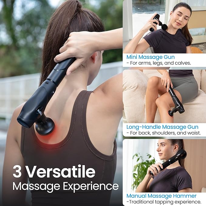 NAPRE 3-in-1 Detachable Massage Gun with HeatMini Massage Gun Deep Tissue with Extension HandlePortable Handheld Percussion Muscle Massager for Back/Neck/BodySmall &amp Quiet5 Heads