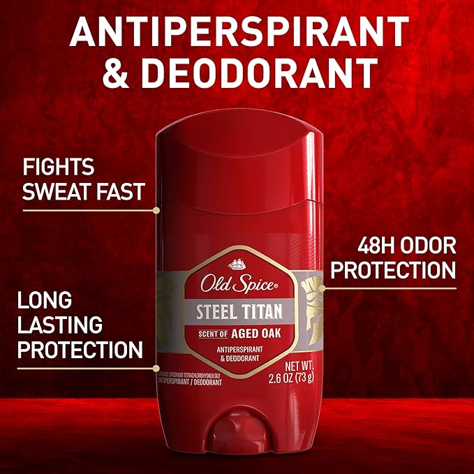 Old Spice Antiperspirant Deodorant for Men 24/7 Sweat &amp Odor Protection 24/7 Lasting Freshness Invisible Solid Steel Titan with Aged Oak Scent 2.6 oz (Pack of 6)