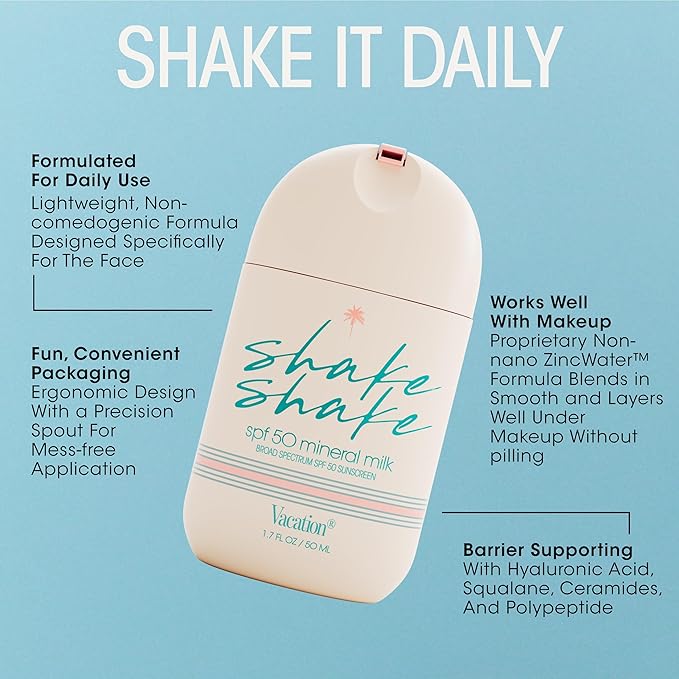 Vacation Shake Shake SPF 50 Mineral Milk Face Sunscreen Non-Comedogenic Streak-Free Water-Resistant Broad Spectrum Sun Block Non-Nano Zinc Formula Vegan Moisturizer with SPF 1.7 Fl. Oz.
