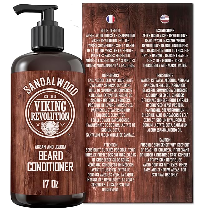 Viking Revolution Beard Conditioner w/Argan &amp Jojoba Oils - Softens &amp Strengthens - Sandalwood Scent - Beard Conditioner w/Beard Oil (17oz Conditioner)