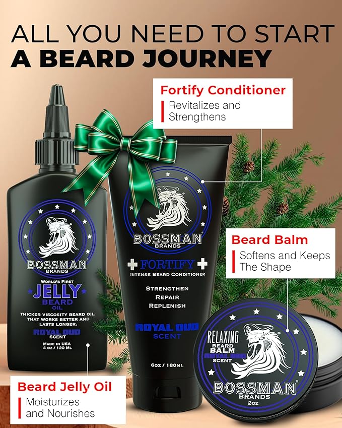 Bossman Essentials Beard Kit for Men Set of 3 - Beard Oil Jelly Fortifying Conditioner Cream Beard Balm - Grooming Growth Care Accessories - Gift Set for Men (Royal Oud)