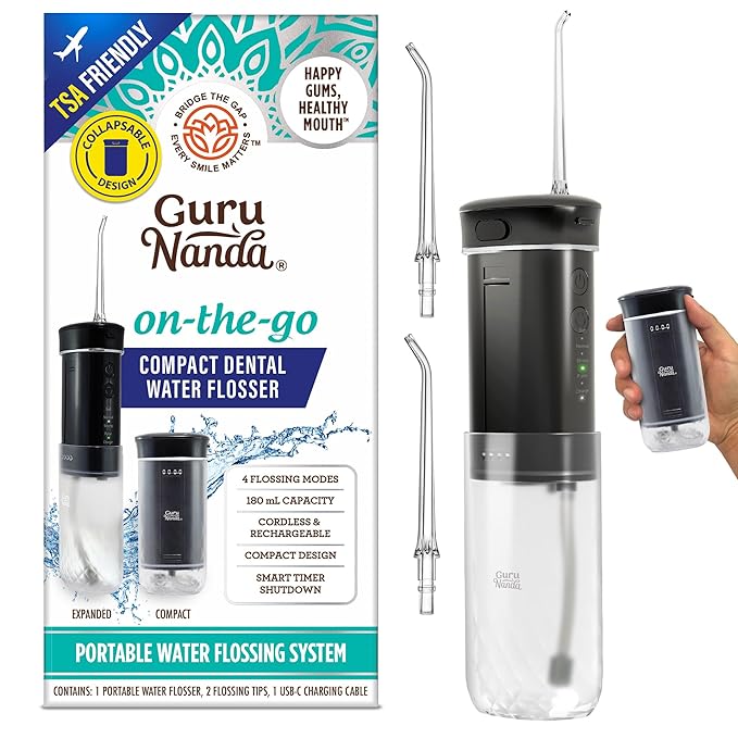 GuruNanda Compact Water Dental Flosser Portable Travel Size Oral Irrigator Flosser with Collapsible 180 ml Tank Smart Timer 4 Flossing Modes TSA-Friendly - Black