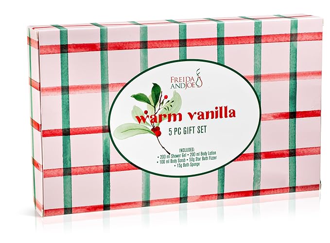 Fragrance Bath &amp Body Collection Gift Box Includes Shower Gel Body Lotion Body Scrub Bath Bomb &amp Sponge (Warm Vanilla - Pink) – Mother's Day Gift for Mom