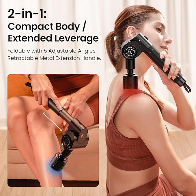 NAPRE Massage Gun with Heat and Cold HeadDeep Tissue Percussion Back Massager for Muscle/Neck/Body Pain Relief with Long Extension Retractable Handle32-SpeedsFoldable with 5 Adjustable Angles