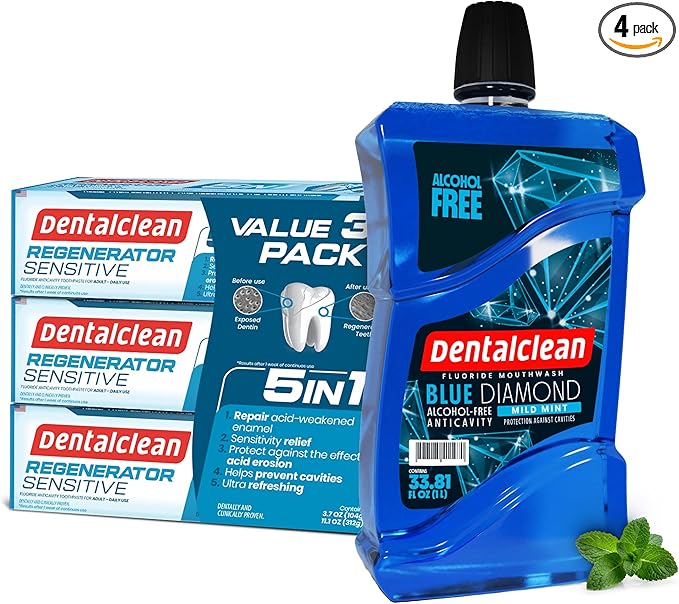 Dentalclean Pack of 3 Regenerating Tooth Gel (Natural Mint) + Alcohol-Free Mouthwash 33.8 Fl Oz (Blue Diamond Mint)