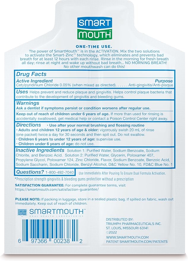 SmartMouth Clinical Zinc Activated Mouthwash Single Packs - On-the-Go Mouth Rinse for Healthy Gum Support - Convenient Portable Packets - Eliminates Bad Breath - Alcohol-Free Non-Burning - 50 Count