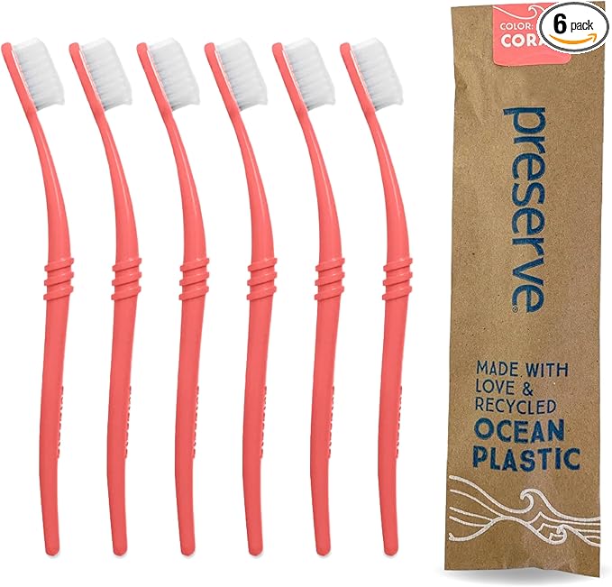 Preserve Ocean Plastic Initiative (POPI) Adult Toothbrush Made in USA from Recycled Ocean Plastic Coral Soft 6 Count