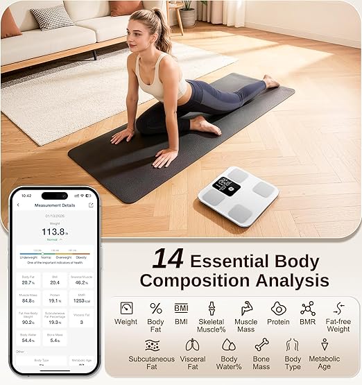 GE Smart Scale for Body Weight: Body Fat BMI Digital Bathroom Scale - 14 Body Composition Analyzer Health Monitor Highly Accurate Bluetooth Weighing Scale with App 400 lb 11 Inch
