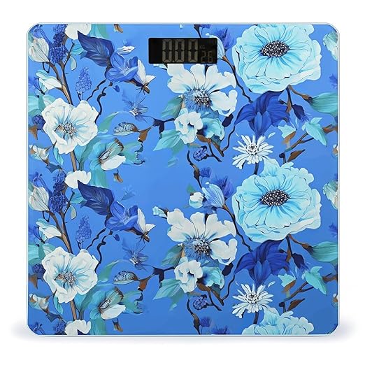 Blue Floral Scale for Body Weight Anti-Slip Tempered Glass Digital Bathroom Scales Clear LCD Display Weighing Scale Safe Rounded Corners Smart Scales