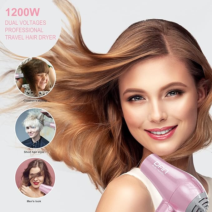 DAN Technology Travel Hair DryerDual Voltage HairDryerMini Blow Dryer with ConcentratorSmall Hair Dryer with DiffuserEuropean hairdryer with European PlugPink Blow Dryer for Women