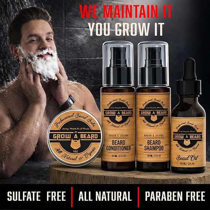 Beard Straightener Grooming Kit for Men Beard Growth Kit Wash Brush &amp Comb Unscented Growth Oil All Natural Sandalwood Balm Conditioner Razor &amp Scissors Great Gift Idea for Men's (Bamb