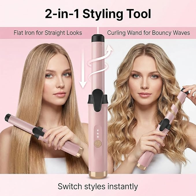 USB Rechargeable Cordless Curling Iron &amp Straightener 2-in-1 Mini Travel Hair Styler with Dual Temperature Settings Ceramic Portable Curling Wand for On-The-Go Touch-Ups(Gold)
