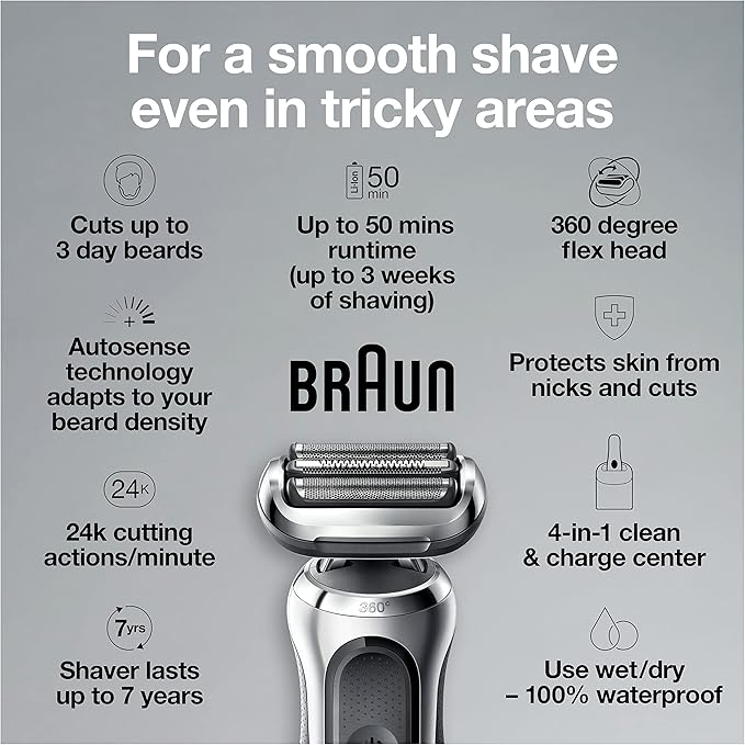 Braun Series 7 7071cc Flex Electric Razor for Men with SmartCare Center Precision Trimmer Wet &amp Dry Rechargeable Cordless Foil Shaver Silver