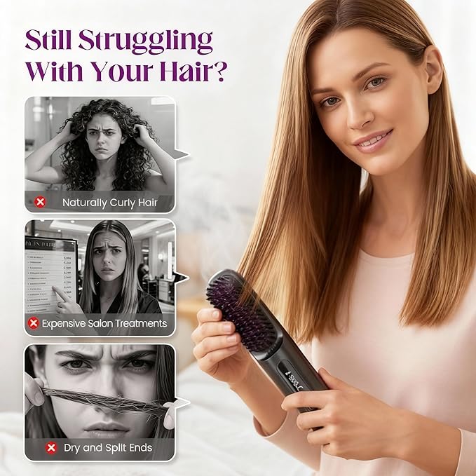 2026 New Cordless Hair Straightening Brush with LCD Display Fast Heating Portable Hair Straightener USB-C Charging for Travel Home (Purple)