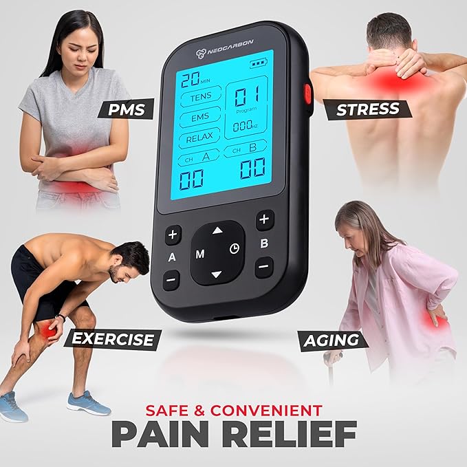Neocarbon TENS Unit Muscle Stimulator Pro for Back Pain Relief Shoulder Recovery and Physical Therapy Electronic EMS Massager Machine with PMS Pulse for Effective Shock Therapy Black