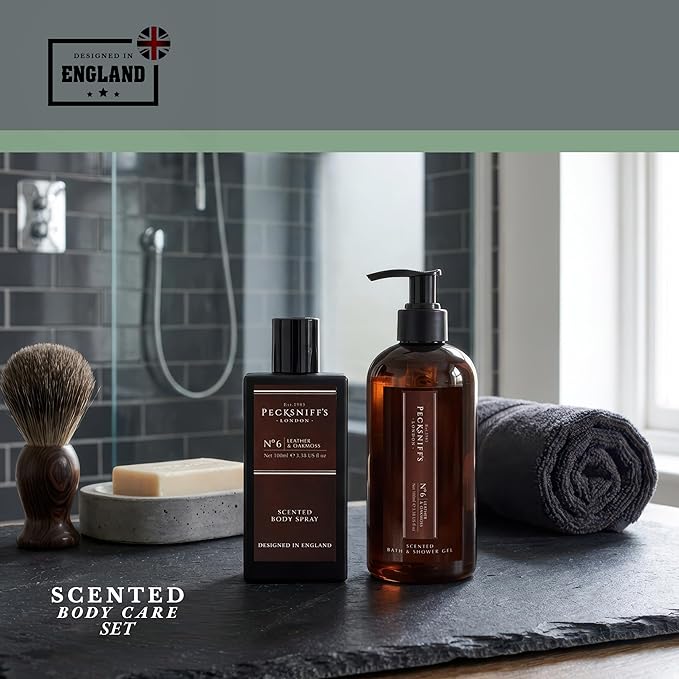Pecksniff’s Men’s Body Duo Set – Leather &amp Oakmoss Scented Bath &amp Shower Gel 250ml &amp Body Spray 100ml – Luxury Grooming Gift Set for Him